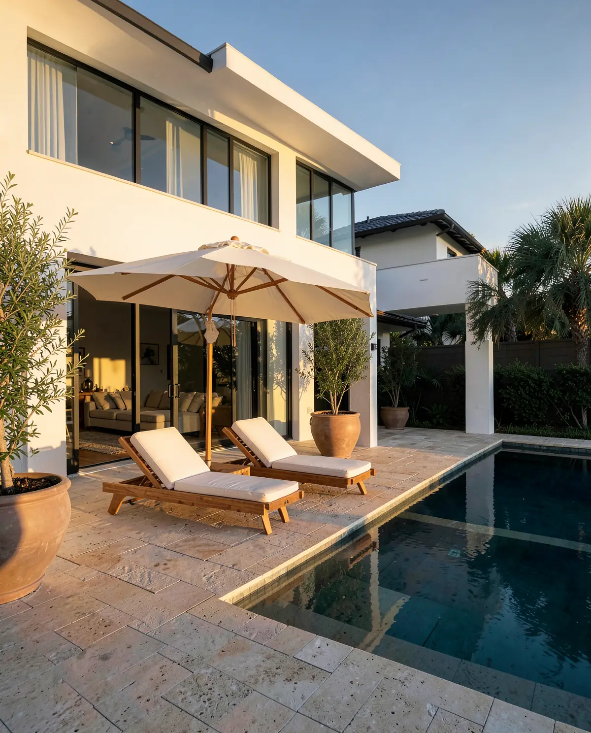 A travertine pool deck with teak loungers behind a modern white home (illustrative, generated).