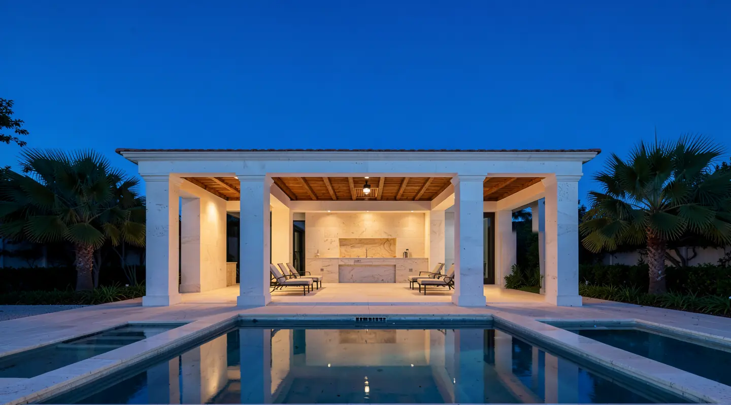 Illustration: a limestone pool pavilion at dusk, its three open bays glowing warm, reflected in a long pool between two palms.