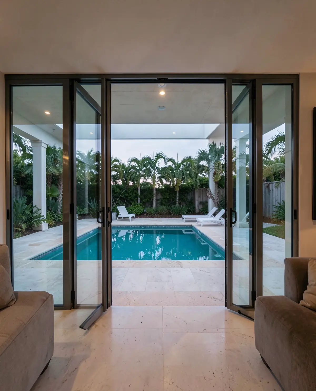 A pool seen through open sliding doors from a bright living room (illustrative, generated).