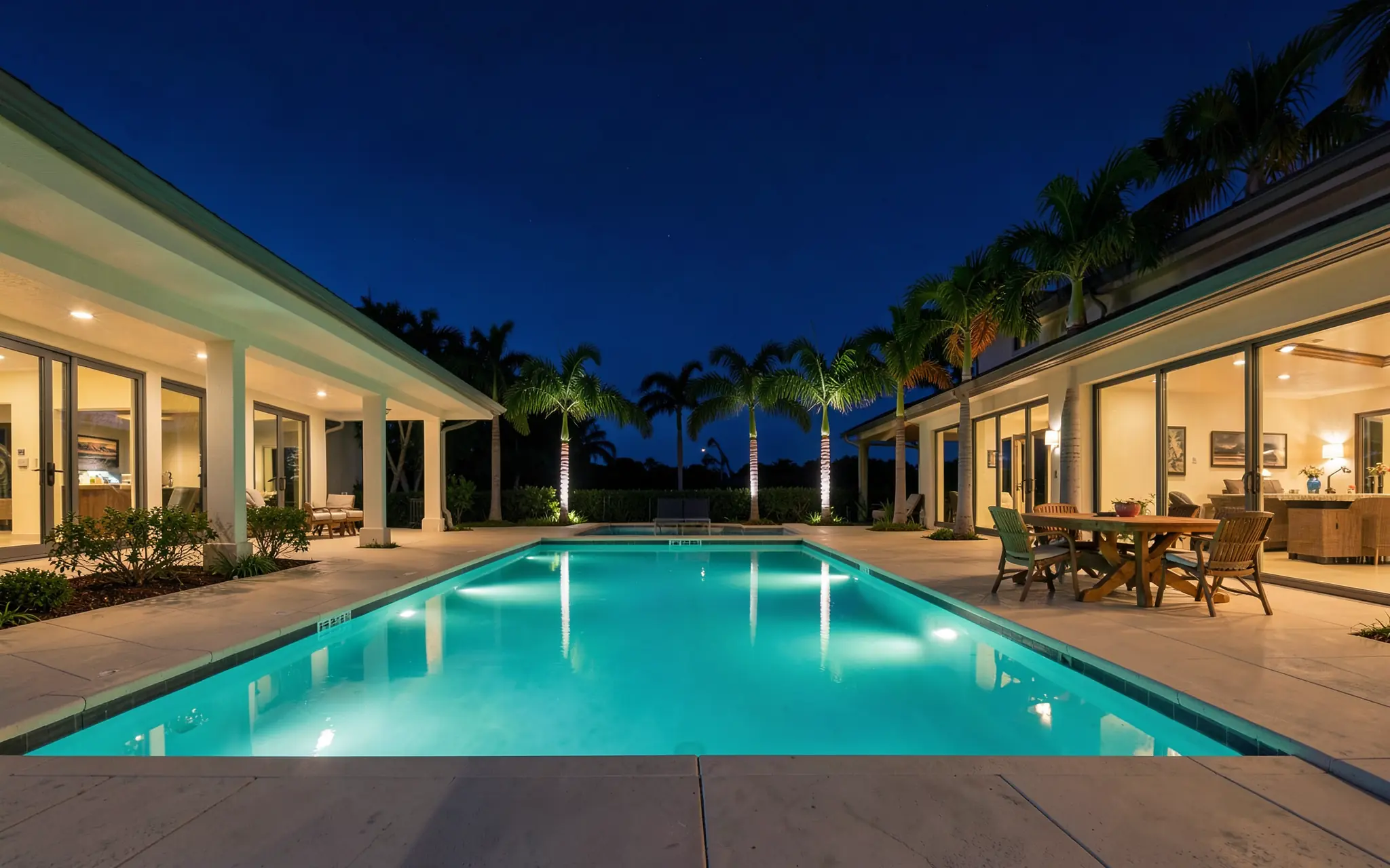 A lit pool and glowing lanai behind a Florida home at night (illustrative, generated).